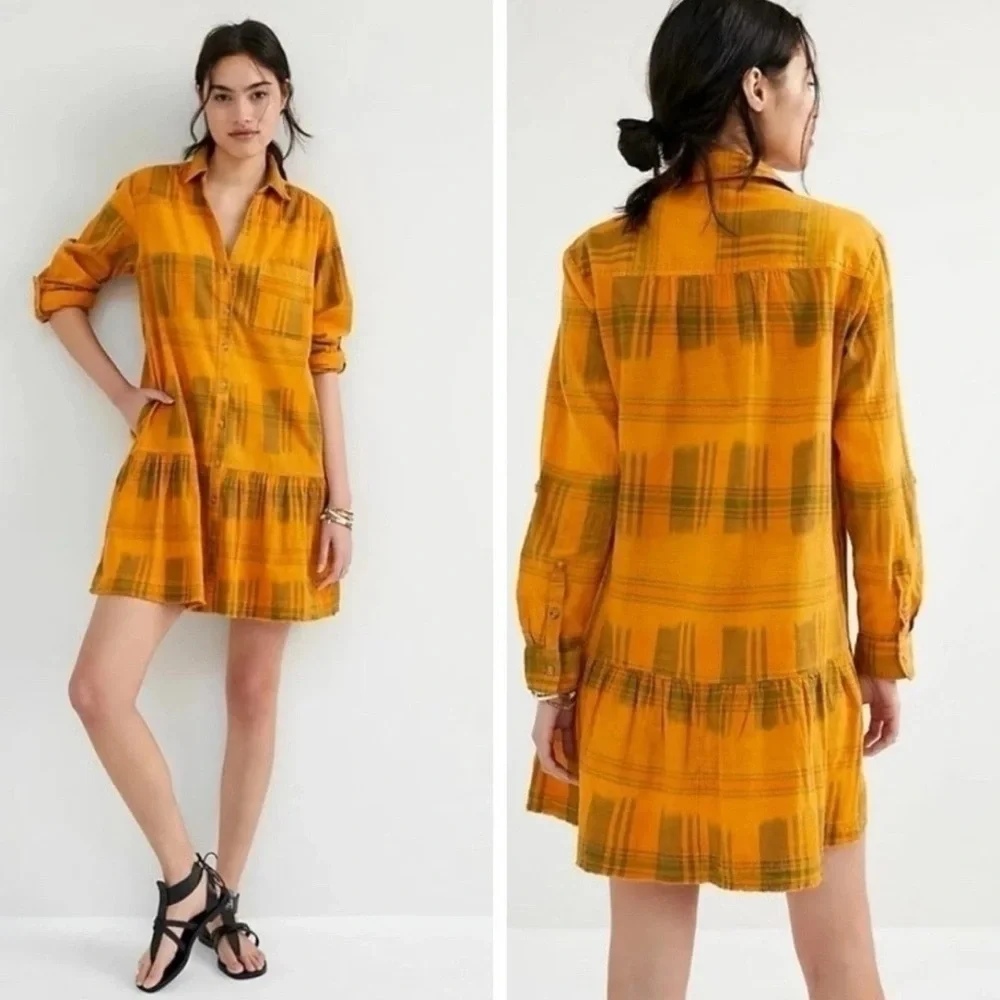 PILCRO Anthropologie Tangier Dress Tunic Shirt Mustard Yellow Plaid Size Med - Picture 4 of 12
